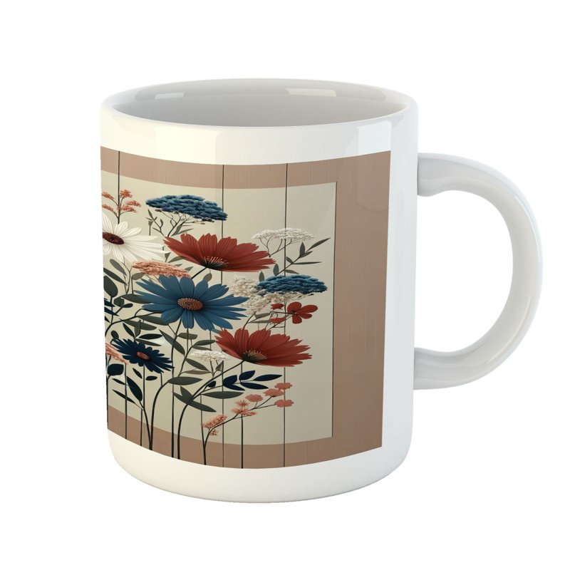 Winston Porter Rustic Ceramic Coffee Mug Modern Botanical Wild Floral 11 oz Warm Taupe Dark Blue Ruby
