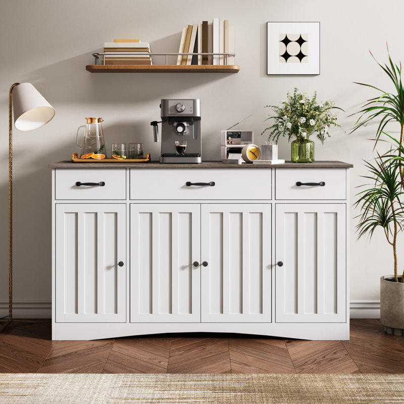 Buffet 55,1 W avec 3 tiroirs, tablettes réglables et grand tiroir, Gris / blanc