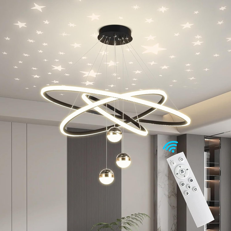 Lustre moderne à DEL, lustre à 3 anneaux pour le salon avec télécommande, lustre à 3 boules à intensité variable avec éclairage mappable, lustre à DEL pour plafond de salle à manger