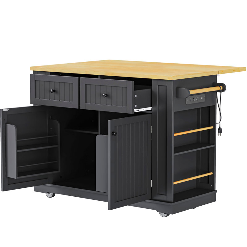 48" Modern Rolling Kitchen Island With Drop Leaf And Power Outlet, Mobile Kitchen Island With Storage Cabinets And 2 Drawers, Wooden Kitchen Cart For Kitchen, Dining Room, Black(No Bar Stools)
