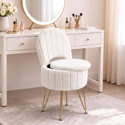 Tabouret de coiffeuse avec rangement, repose-pieds moderne en fausse fourrure avec dossier rabattable, pieds en métal et pieds réglables pour le salon, la chambre à coucher et la salle de maquillage