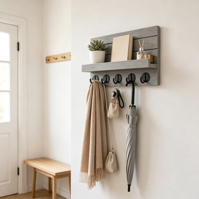 Wall Mounted Key Holder with Shelf and Hooks, Decorative Key and Mail Organizer for Entryway, Wood Key Rack with Large Hooks for Keys, Sunglasses, and Hats