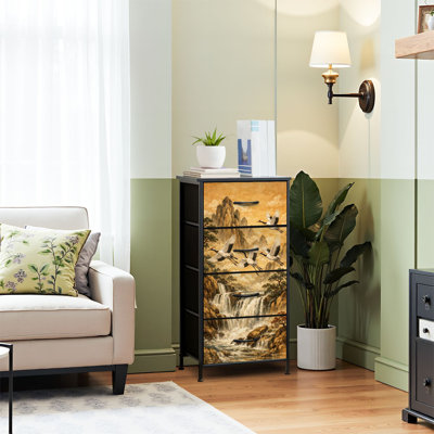 Commode 4 tiroirs pour chambre à coucher, commode étroite, plateau en bois et structure de bureau en fer 18 po x 37,5 po (lxH) - avec grues couronnées rouges, impression de paysage de style japonais doré