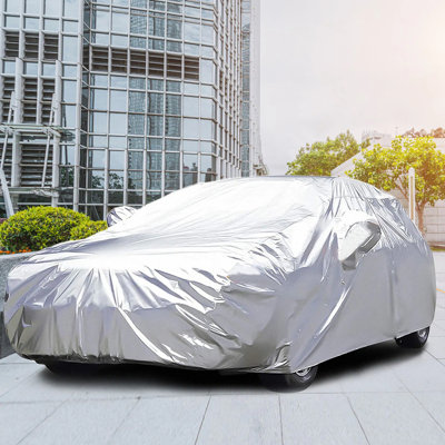 Silver Full Car Cover, Polyester All Weather Automotive Cover Category, Uv Protection Windproof Elastic Hem, Storage Bag Outdoor Indoor