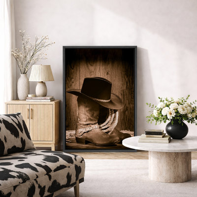 Western Cowboy, "bottes et chapeau bruns rétro, images rustiques du sud-ouest, impression sur toile encadrée,"
