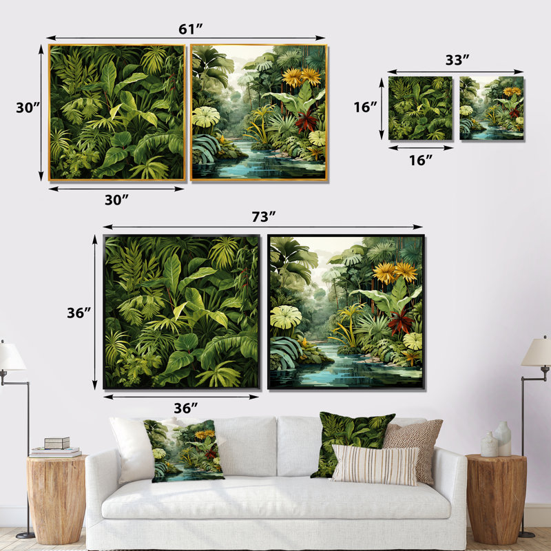 «Rainforest Jungle Plants Landscape I - Jungle», ensemble de 2 reproductions d'art sur toile, Toile tendue