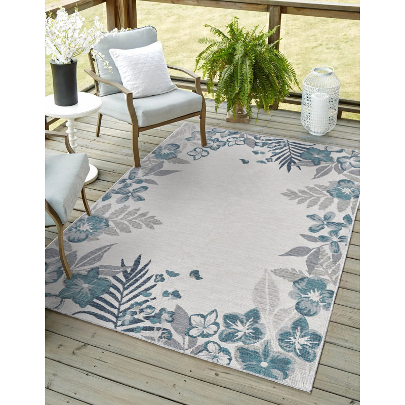Tapis performance tissé à la machine Dahlia - ivoire / bleu - 6 pi 7 po x 9 pi, 6 pi 7 po x 9 pi