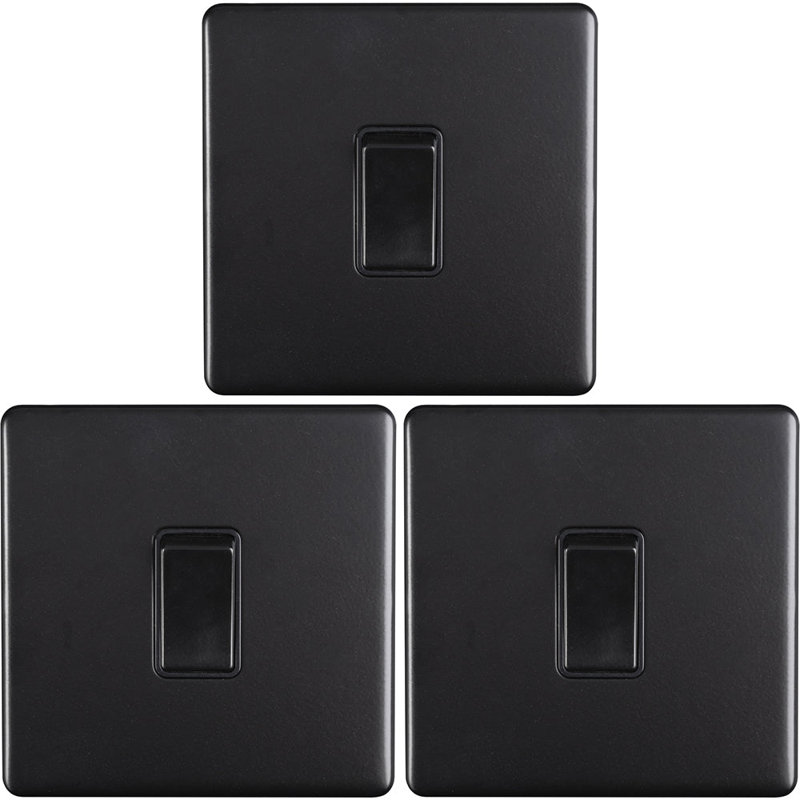 3 PACK 1 Gang Single Light Switch SCREWLESS MATT WHITE 2 Way 10A Slim Rocker, Matte Black, Black