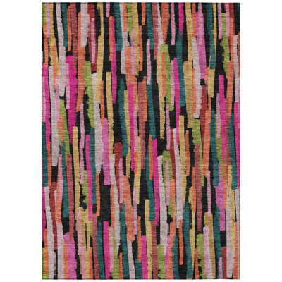 8' X 10' Pink Black And Green Striped Washable Indoor Outdoor Area Rug
