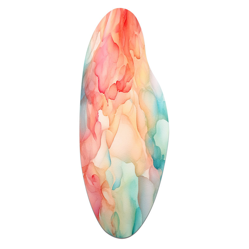 «Orange and Teal Enchanted Spills» - décoration murale asymétrique abstraite en métal, impression d'art en métal incurvé orange