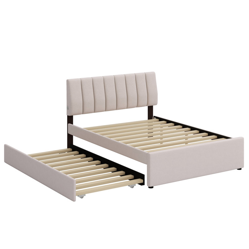 Lit plateforme tapissier avec lit gigogne, Beige