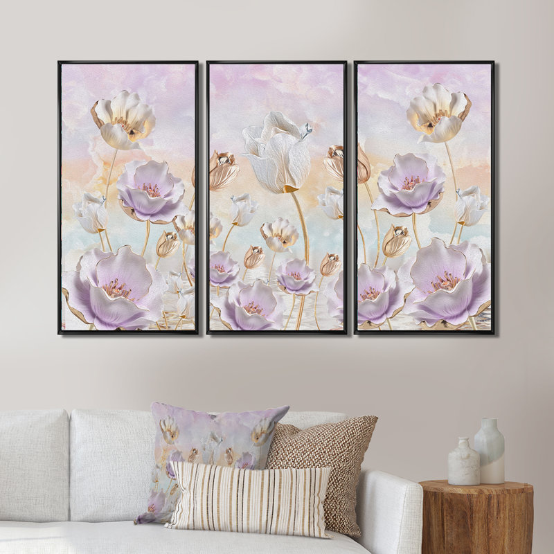 «Blossoming Flowers in Pastel Tones», reproduction sur toile flottante 3 pièces, Cadre noir, H 28 po x l 36 po x P 1 po