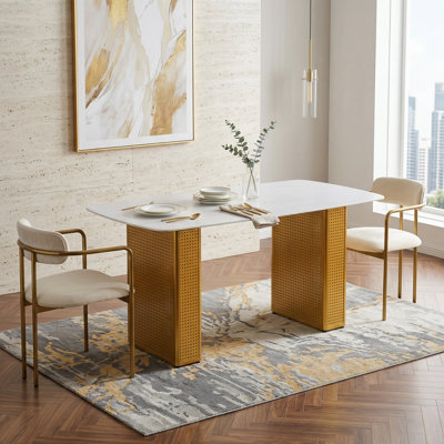 Modern Rectangular Tempered Glass Dining Table with Marble Pattern and Gold Dual-Pedestal Metal Base, Contemporary Kitchen Table for Dining Room, Home