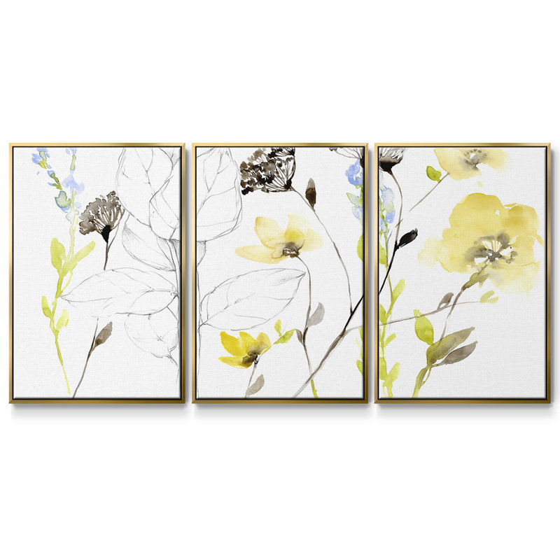 Fleurs sauvages et contour I - Toile encadrée multi-pièces, Or, H 40 po x l 78 po x P 2 po