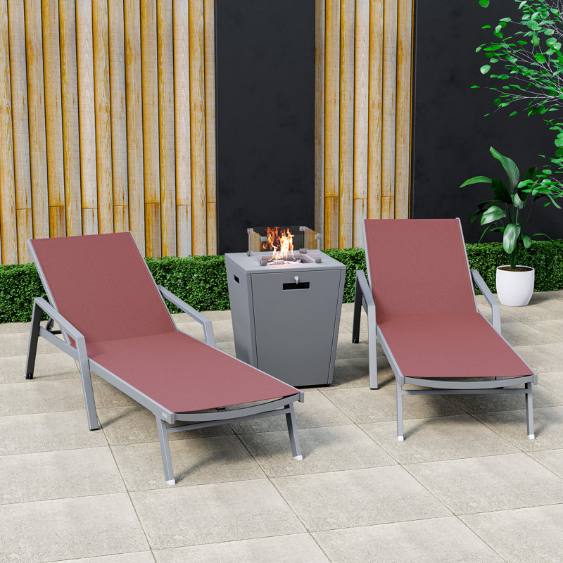 Outdoor Aluminum Chaise Lounge Armchair with Fire Pit Side Table, Burgundy