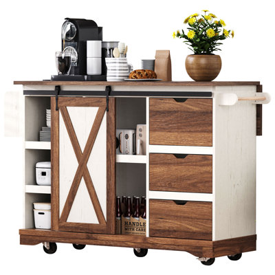 K&K 55.5" Farmhouse Kitchen Island With Drop Leaf