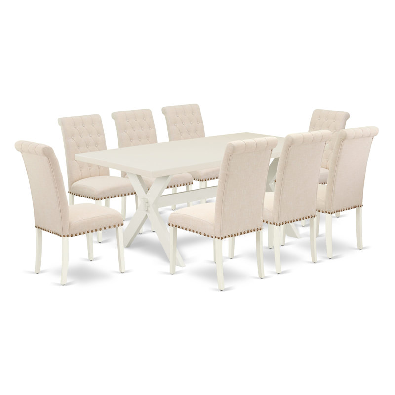 Ensemble de mobilier de salle à manger 9 pièces comprenant une table de salle à manger rectangulaire avec pieds en X et 8 chaises rembourrées en tissu beige clair, lin blanc