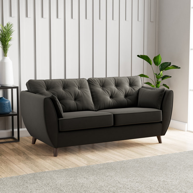 Birjesh 186Cm Fixed Sofa, Dark Brown Wood, Black