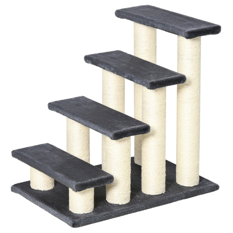 Arbre de santé pour chat en forme d'escalier, gris, 4 marches avec poteau à griffer pour chats d'intérieur et chiots
