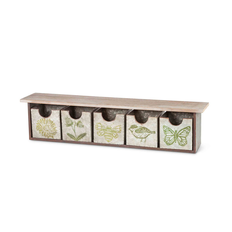 Wood and Metal Wall Organizer with Five Drawers Decorated with Green Tow Tone Linocut Designs