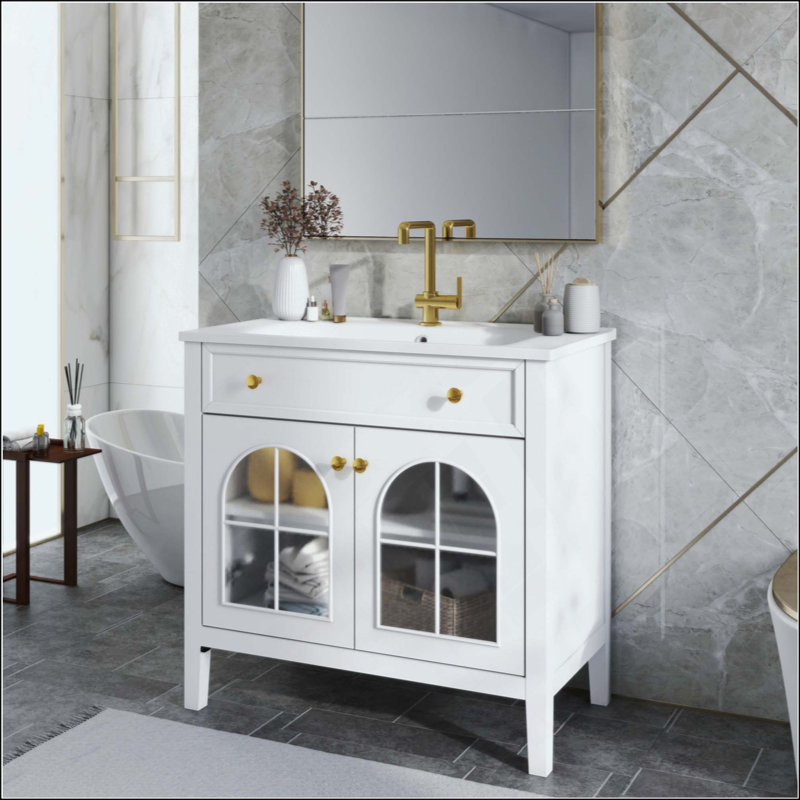 Lavabo de salle de bain de style Mid-Century avec verre à motif et bande lumineuse à capteur de mouvement, lavabo de salle de bain autoportant Farmhouse avec rangement, meuble-lavabo haut de gamme (robinet non inclus)