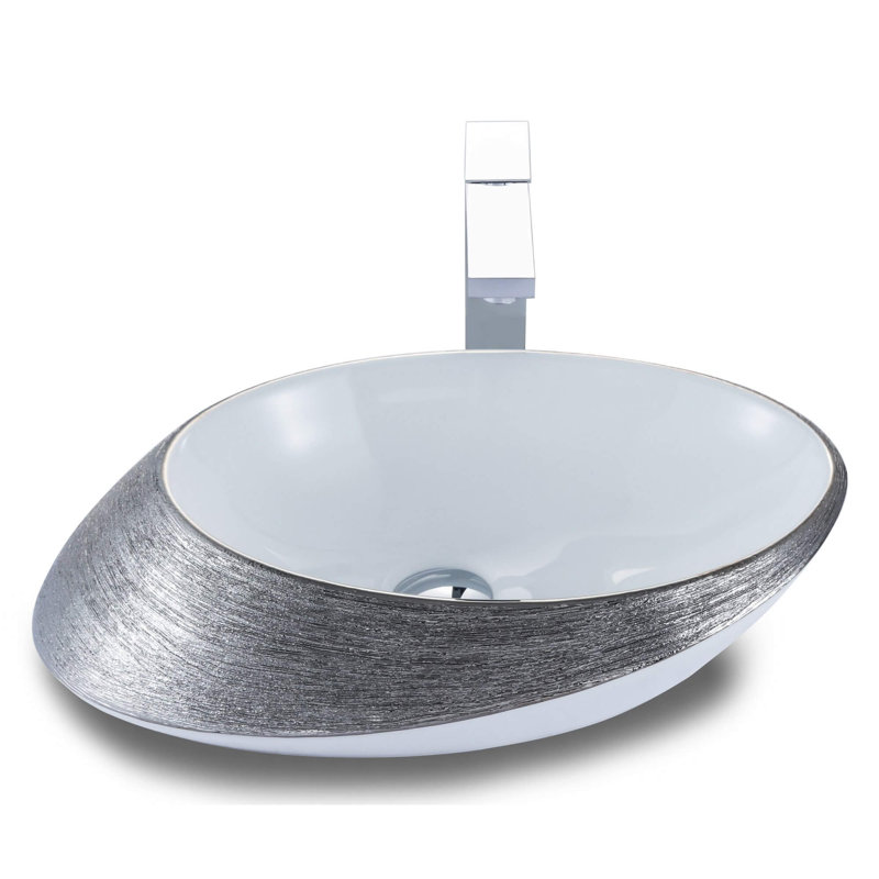 Vitreous China Oval Vessel Bathroom Sink , Brushed Silver