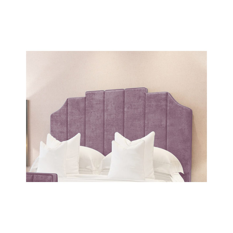Annalei Regal Velvet Upholstered Bed Frame - Shaped Headboard, Chrome Feet, Kingsize (5'), Purple