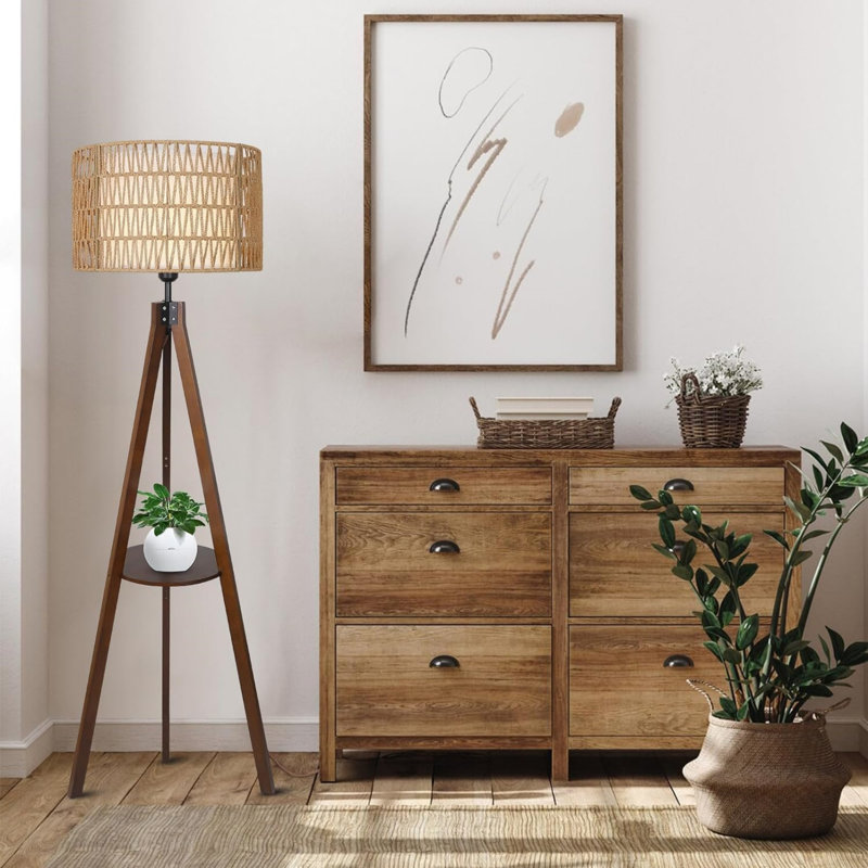 H59" Mid Century Wood Standing Floor Lamp With Rattan & Fabric Shade & Shelf