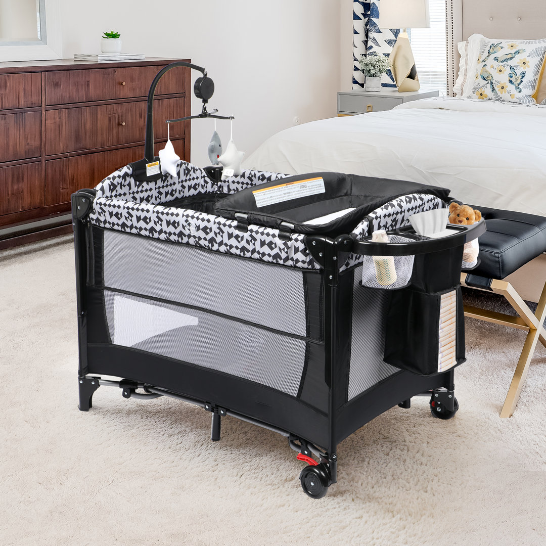 5-in-1 Pack And Play With Changing Table, Baby Bassinet Bedside Sleeper With Storage Bag & Music Box, Portable Baby Crib With Carry Bag, Foldable Playard With Bassinet For Newborn To Toddlers