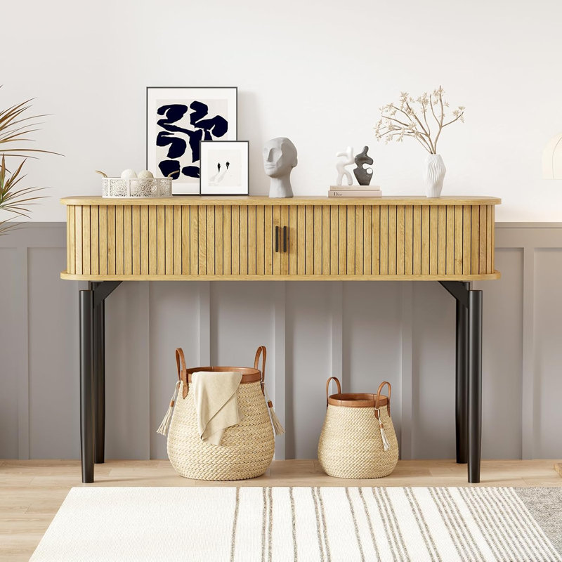 Fluted Console Table with Storage,Wood Sofa Table with Sliding Door,Entryway Table with Storage Space for Living Room
