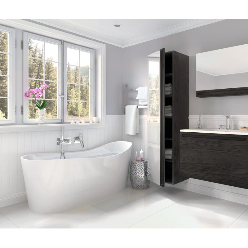 Baignoire autoportante à surface solide 57,63 po x 26,25 po x 24,81 po Wave, Blanc pur ultrabrillant, Nickel brossé