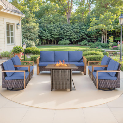 Palomares 6-Piece All Weather Outdoor Wicker Patio Square Fire Pit Conversation Set With 4 Swivel Gliders