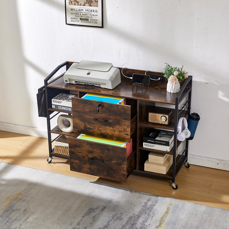 Classeur roulant 44,9 po, classeur pour bureau personnel avec tiroirs et tablettes de rangement, grand support de classement pour dossiers de format A4 / lettre, classeur en bois pour bureau personnel