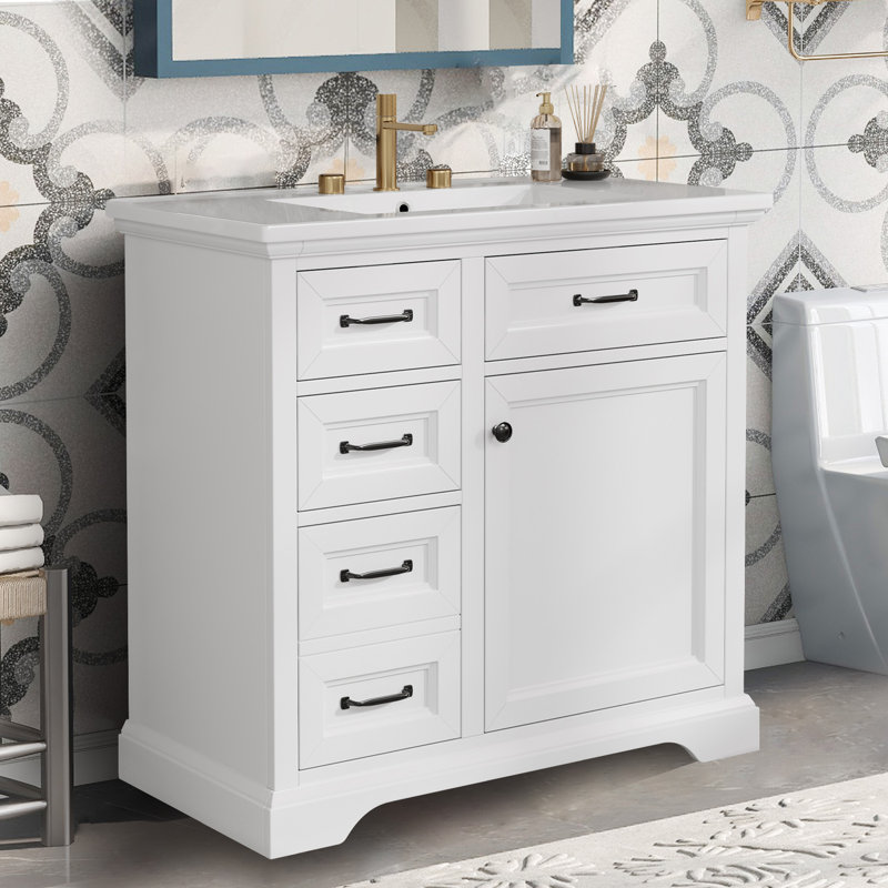 Meuble-lavabo sur pied 36 po avec lavabo en céramique et armoire de rangement, Blanc/Noir