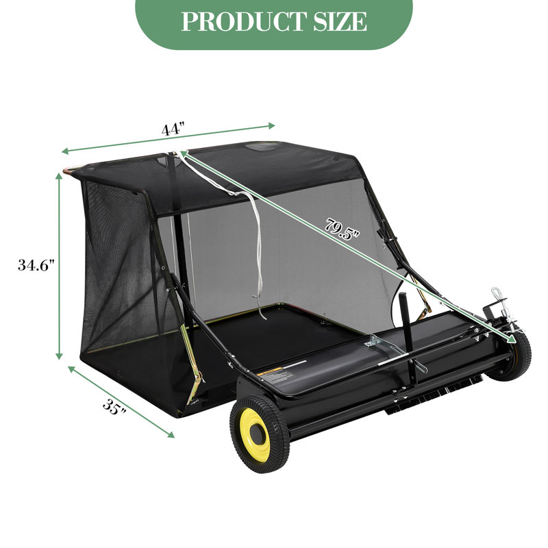 44” Tow-Behind Lawn Sweeper with Large Capacity Hopper, Heavy-Duty Leaf & Grass Collector, Adjustable Brush Height and Easy Dump Rope