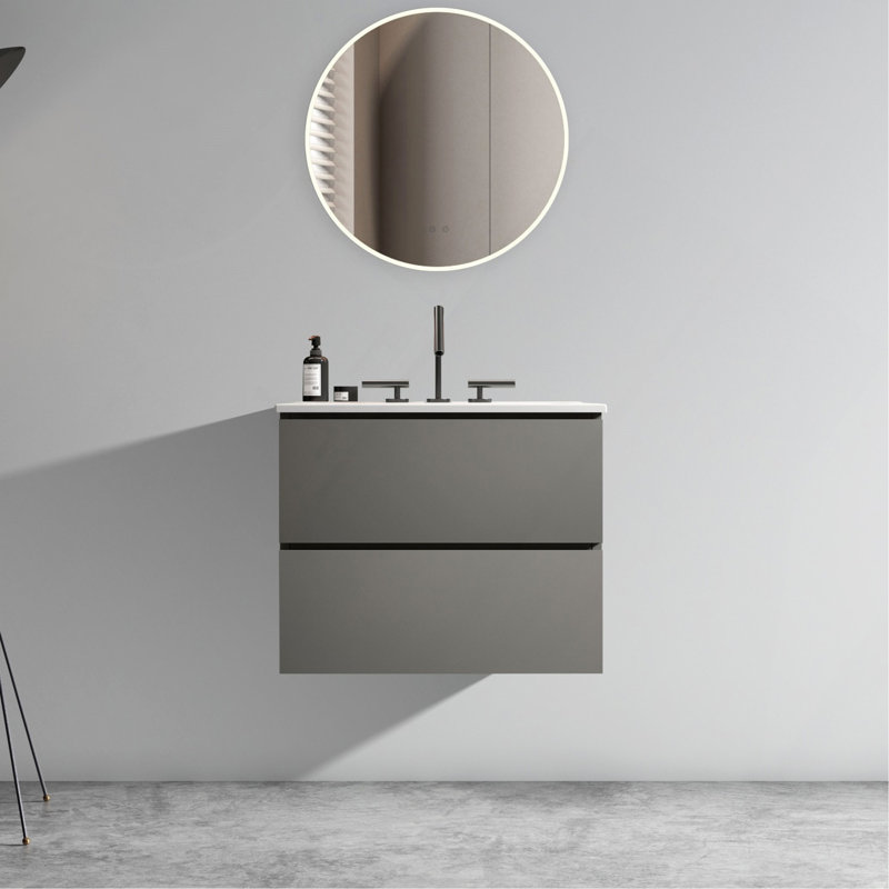 Meuble-lavabo mural 24 po avec lavabo en céramique et trois trous de robinet, lavabo une pièce sans drain, pré-assemblé, Gray