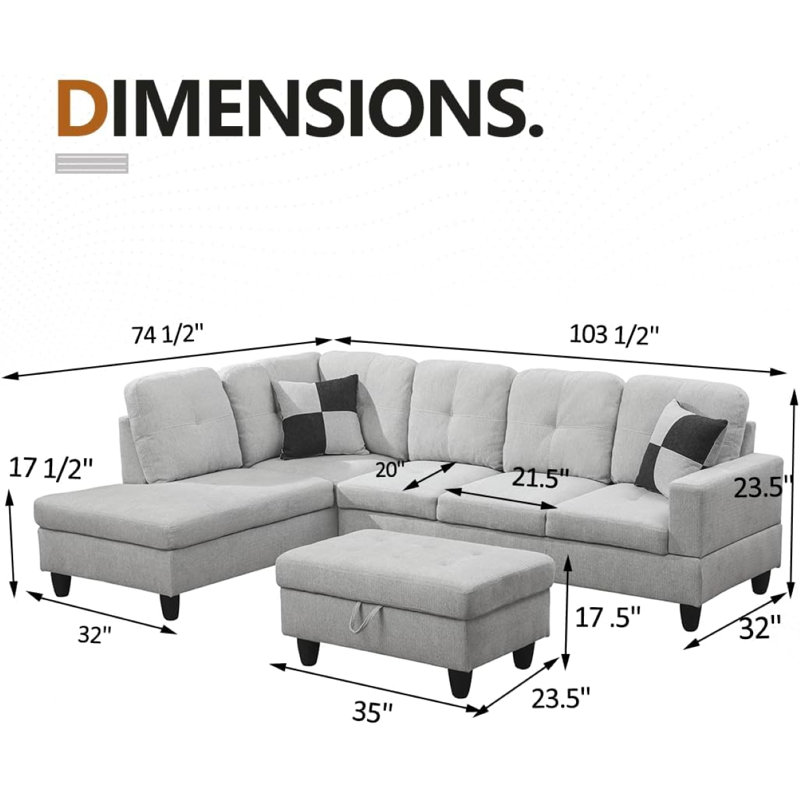 Canapé modulaire en forme de L de 103 po avec repose-pieds de rangement, Orienté à gauche (vu de face), Flanelle blanc cassé