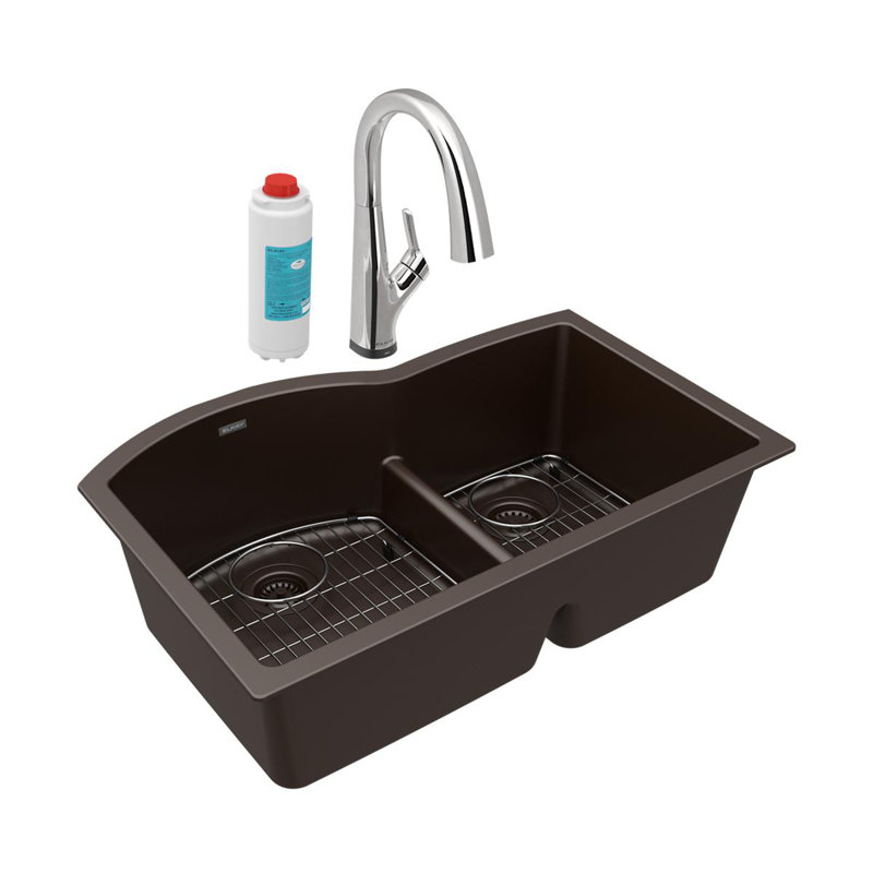 Évier de cuisine à double cuve encastrable 33 po x 22 po x 10 po avec robinet, Moka