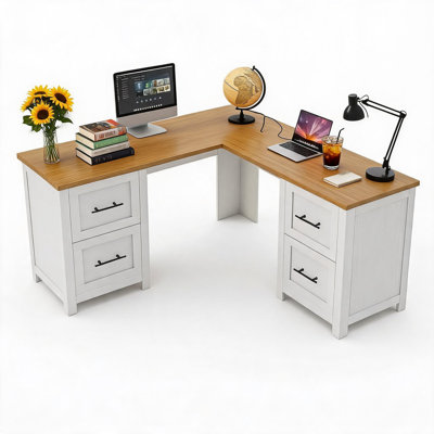 63" Executive l Shaped Desk with 4 File Drawers & Power Outlet, Large Corner Computer Desk with Monitor Stand and Power Outlets, Home Office Desks with Storage Drawers.