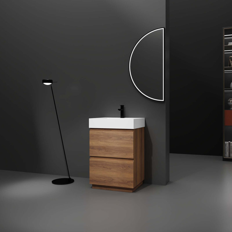 Meuble-lavabo moderne avec lavabo simple encastré et 2 tiroirs, Brun