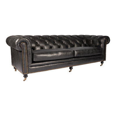 87" Genuine Leather Rolled Arm Chesterfield Sofa with Reversible Cushions