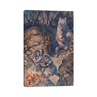 «Neanderthal Humans Confronted by a Cave Bear» par Mark Hallett - peinture sur toile tendue
