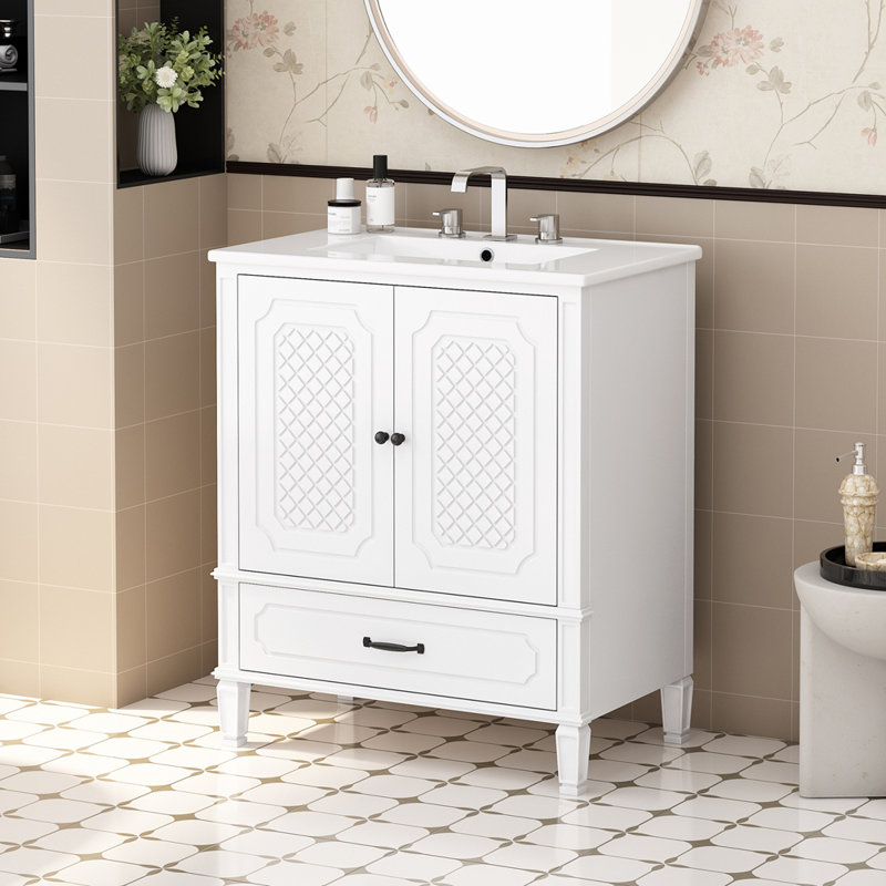 Meuble-lavabo de salle de bain avec lavabo de style rétro, espace de rangement multifonctionnel, tablette de porte, porte à fermeture en douceur