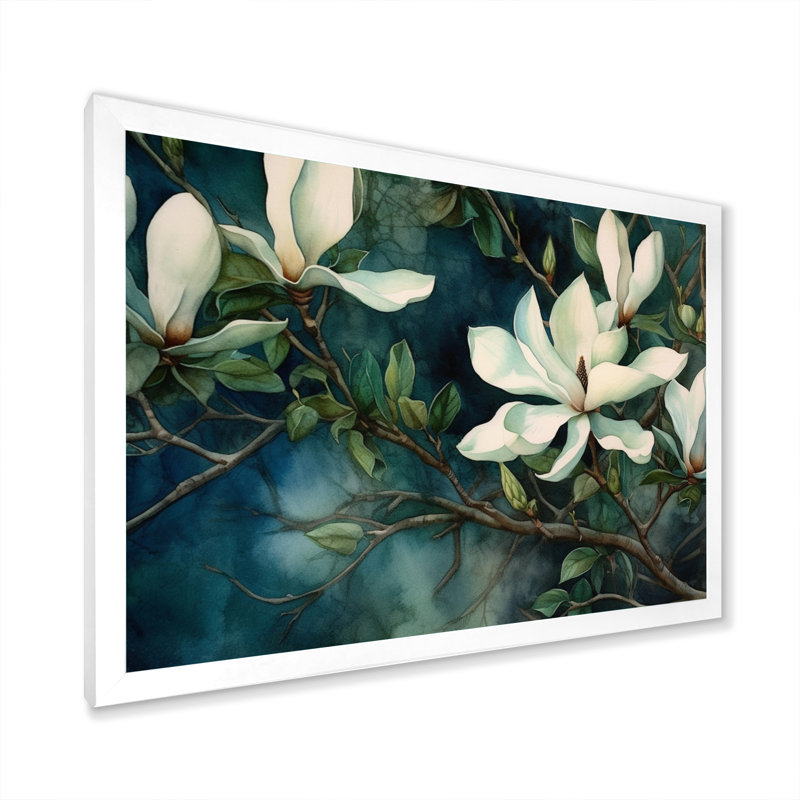Green White Magnolias Landscape - Floral Wall Art For Living Room, 30" H x 40" W x 1.5" D, White Single Picture Framed