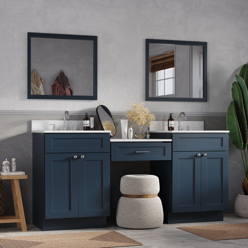 Meuble-lavabo double 73 po avec tiroir en bois massif et comptoir en quartz de Carrare, Bleu