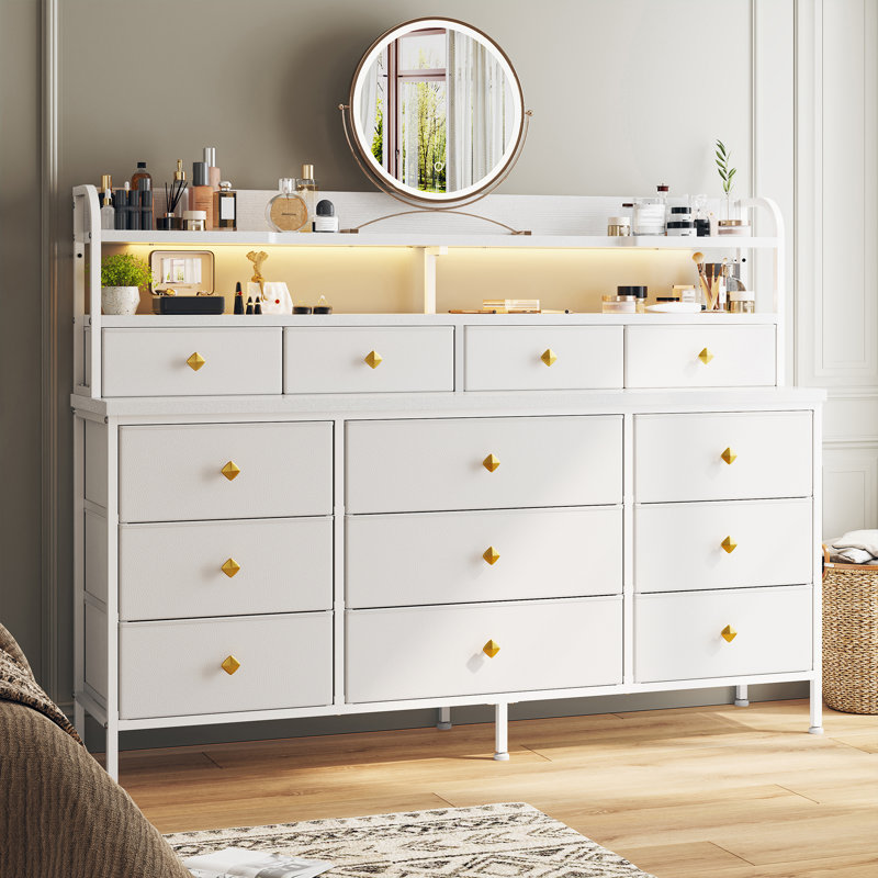 Commode l 51,2 po pour chambre à coucher avec 13 tiroirs et commode longue à 3 niveaux avec lumière DEL, Blanc