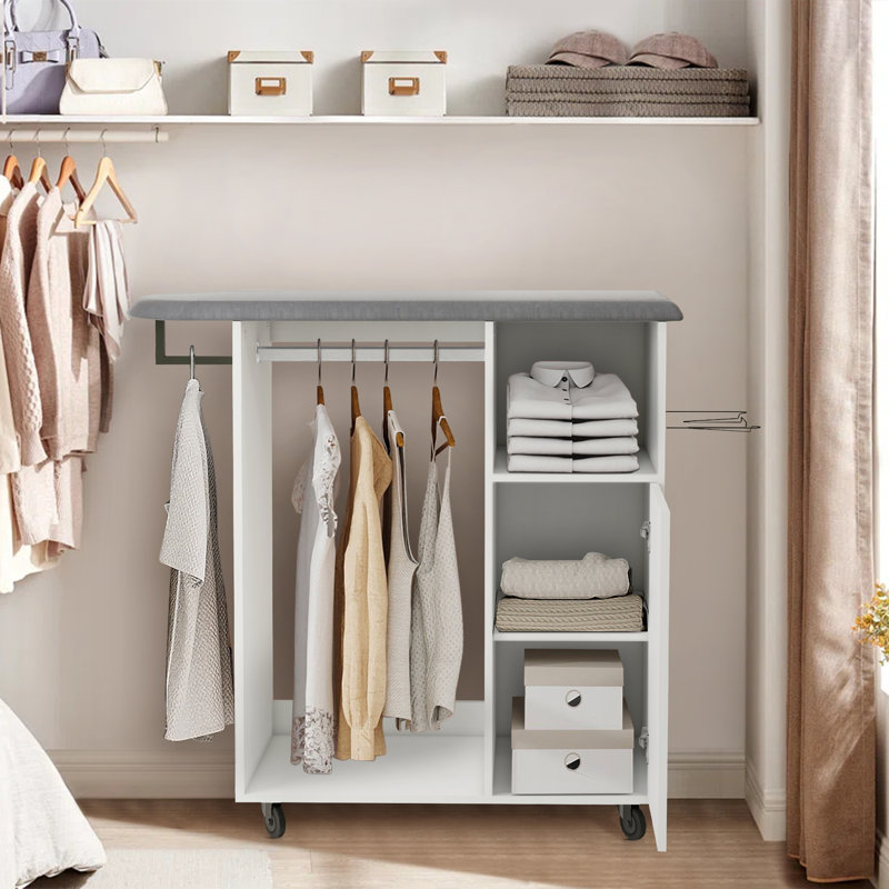 40.5"H White Ironing Cart With Ironing Board Clothes Rods Iron Rack Wheels And Adjustable Shelf