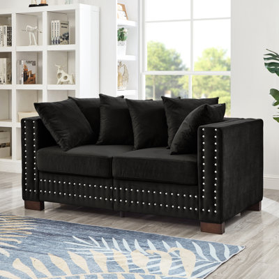 Velours noir, look moderne, salon, accoudoirs carrés, clous argentés, sièges à ressorts hélicoïdaux, housses amovibles, accoudoirs de rangement à 2 places avec housses confortables et lavables sous les sièges
