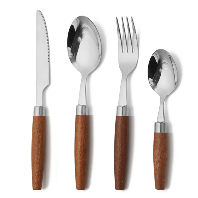 Ensemble de couverts en acier inoxydable 304 à manche en bois, coutellerie minimaliste de style coréen japonais avec couteau, fourchette et cuillère