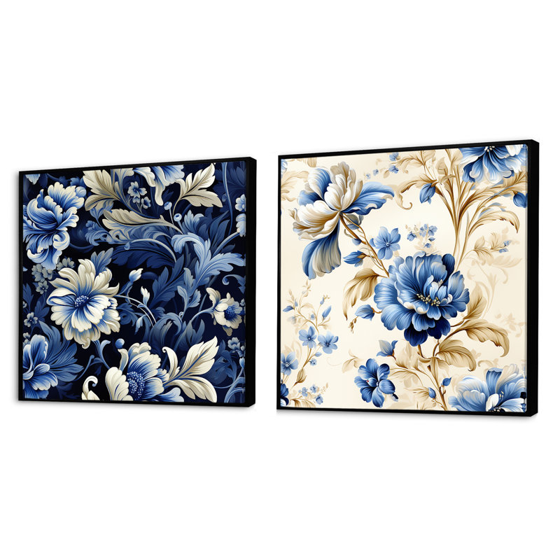 Motif victorien de coins victoriens bleu cobalt - ensemble de collage carré floral, Cadre flottant noir, H 16 po x l 33 po